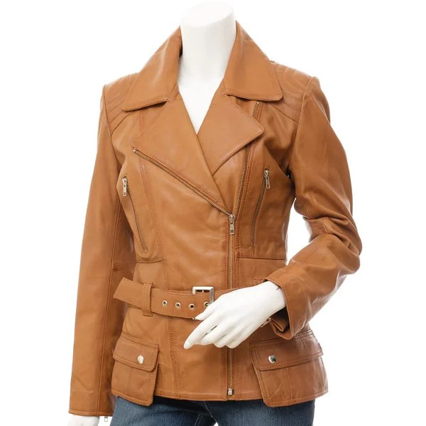 WOMENS TAN LEATHER BIKER JACKET COCOA