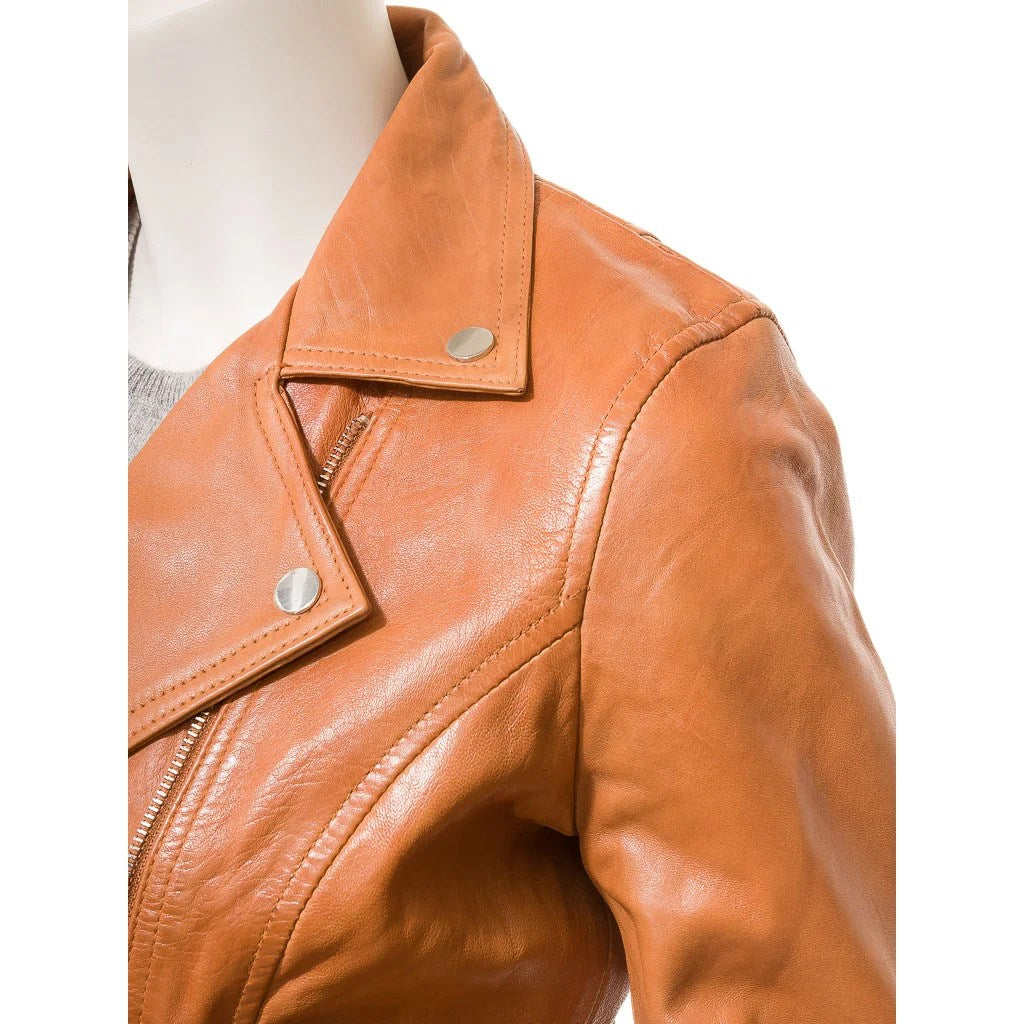 WOMENS TAN LEATHER BIKER JACKET DAVIE - L