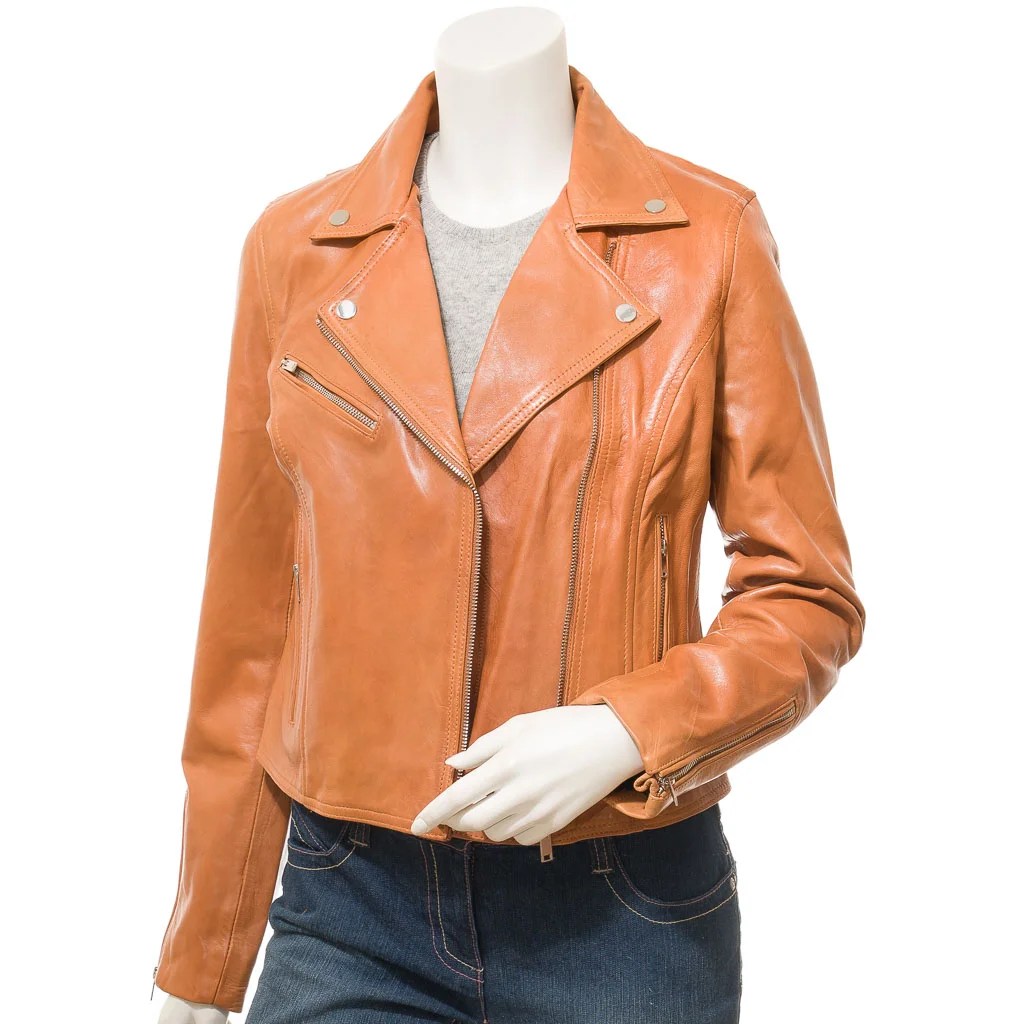 WOMENS TAN LEATHER BIKER JACKET DAVIE - S