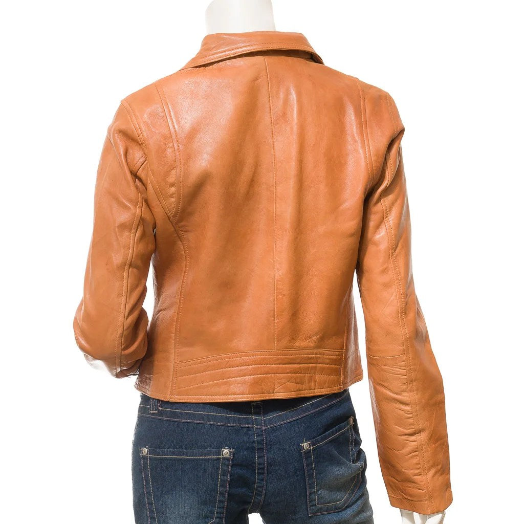 WOMENS TAN LEATHER BIKER JACKET DAVIE - XL