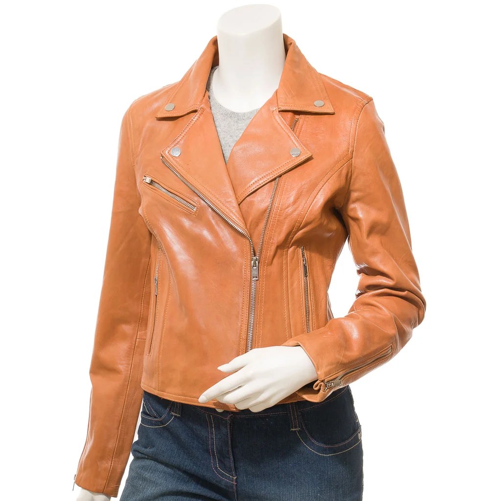 WOMENS TAN LEATHER BIKER JACKET DAVIE