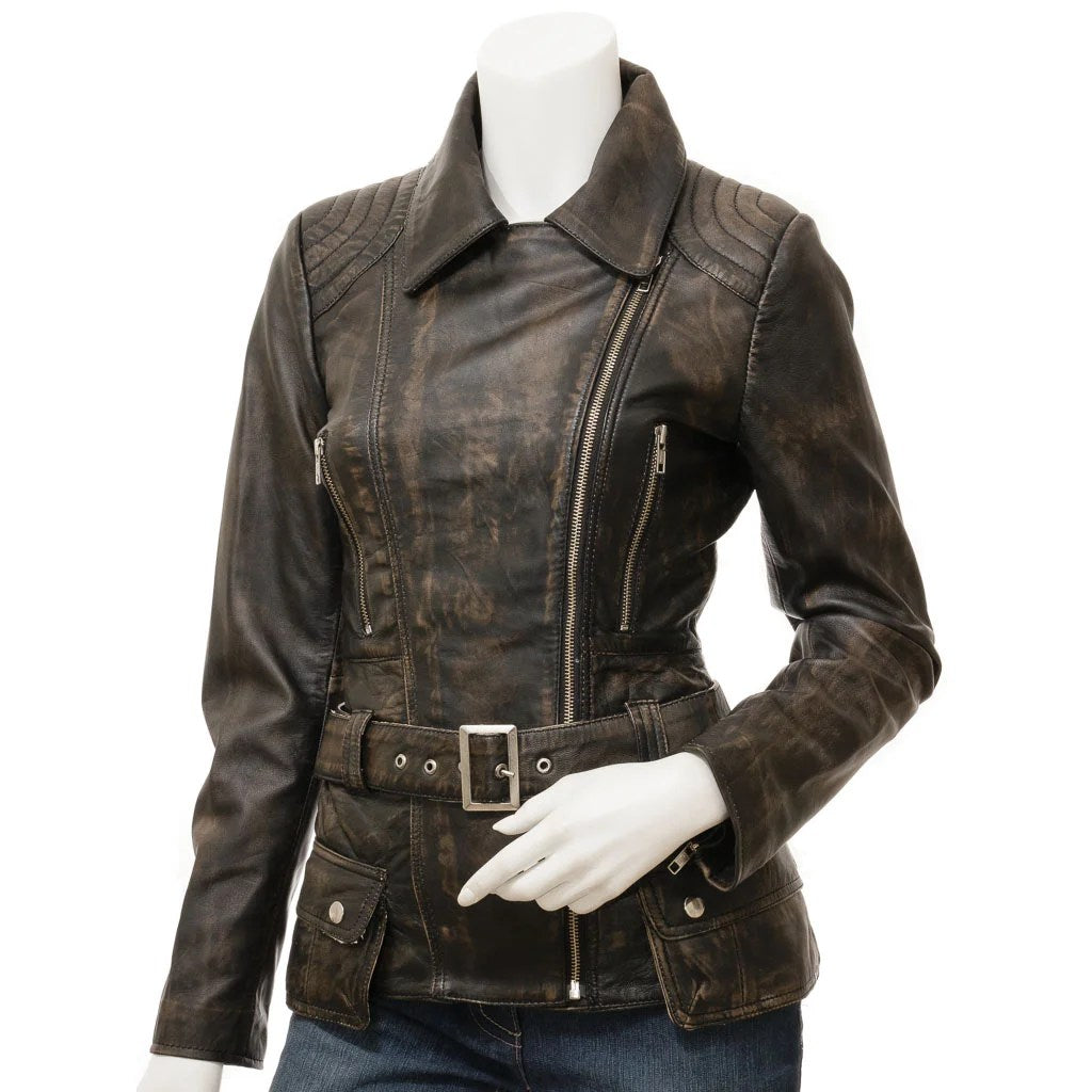 WOMENS VINTAGE LEATHER BIKER JACKET COCOA - S