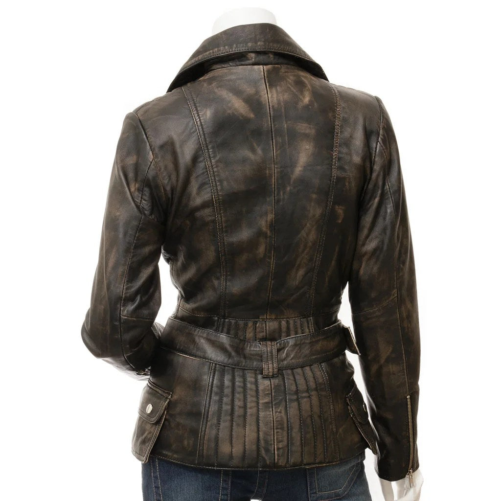 WOMENS VINTAGE LEATHER BIKER JACKET COCOA - XL