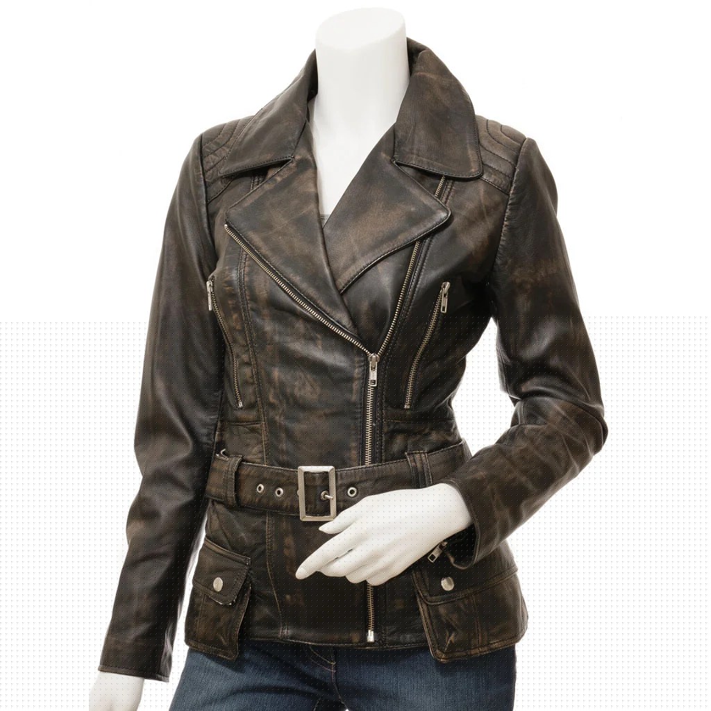 WOMENS VINTAGE LEATHER BIKER JACKET COCOA