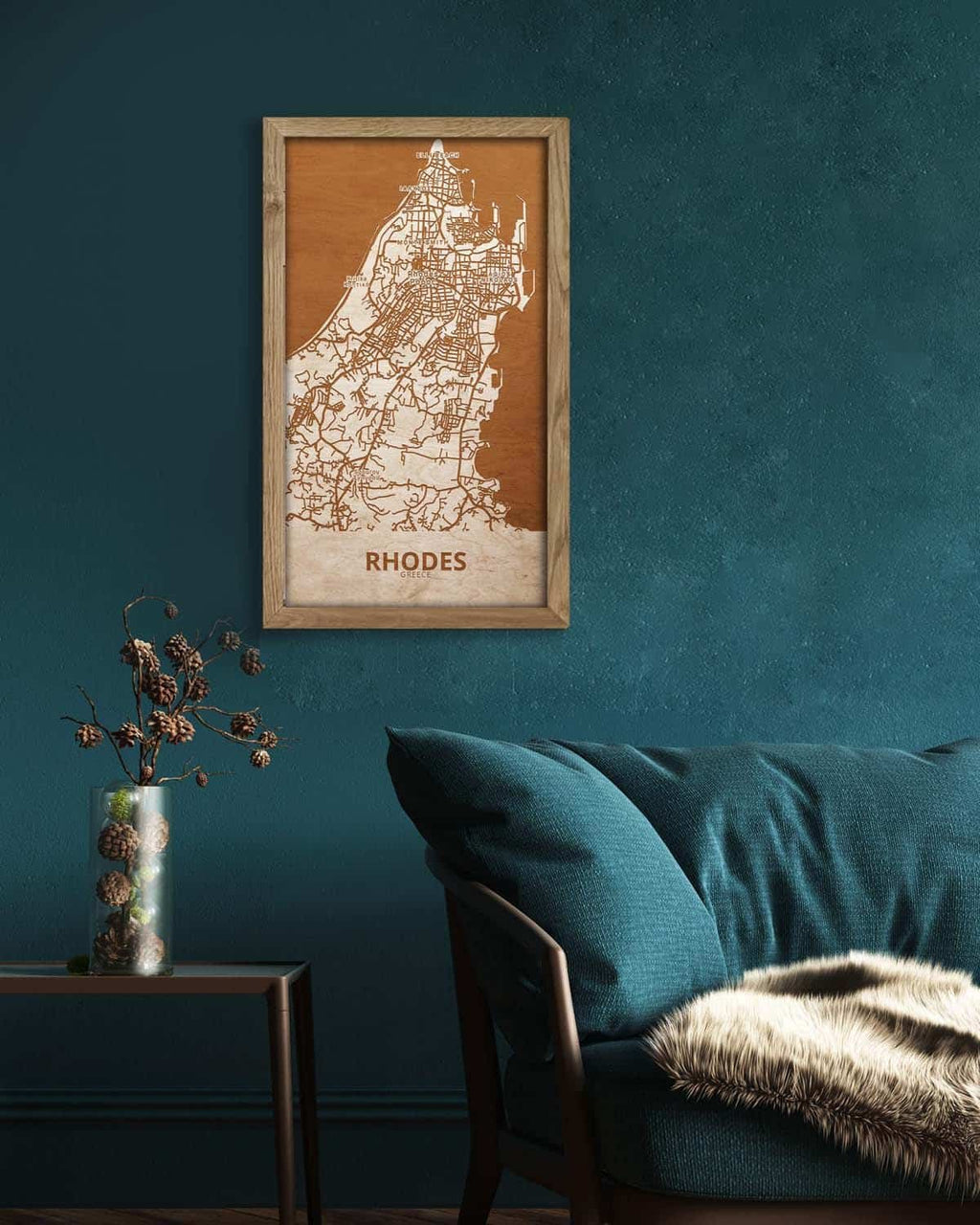 Wooden Street Map of Rhodoes – Urban City Plan, in an oak frame 3