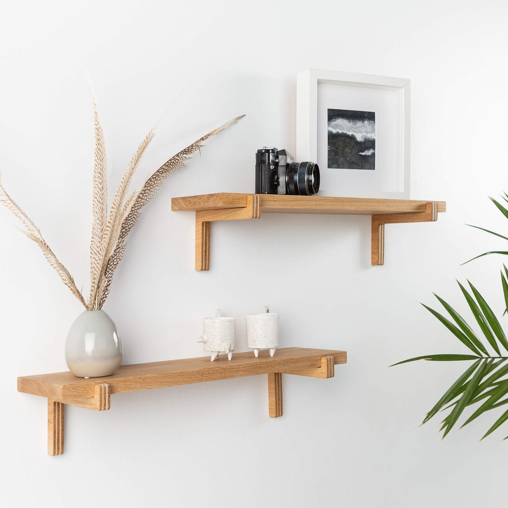 2 Floating Wooden Wall Shelves – Oak Shelves with Holders for Home & Office-0