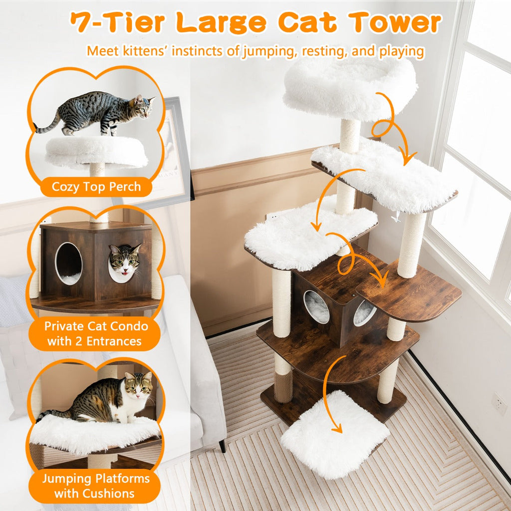 NNECW 179 CM Tall 7-Layer Wooden Cat Tree with Sisal Scratching Posts-2