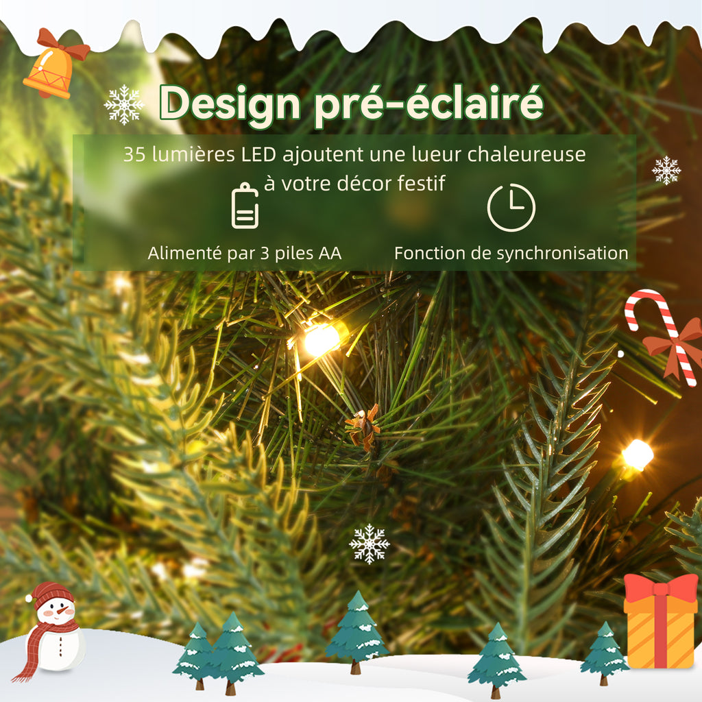 Couronne de Noël lumineuse 60 cm avec 35 LED, minuterie, 170 pointes, pommes de pin, baies, feuilles de houx, vert